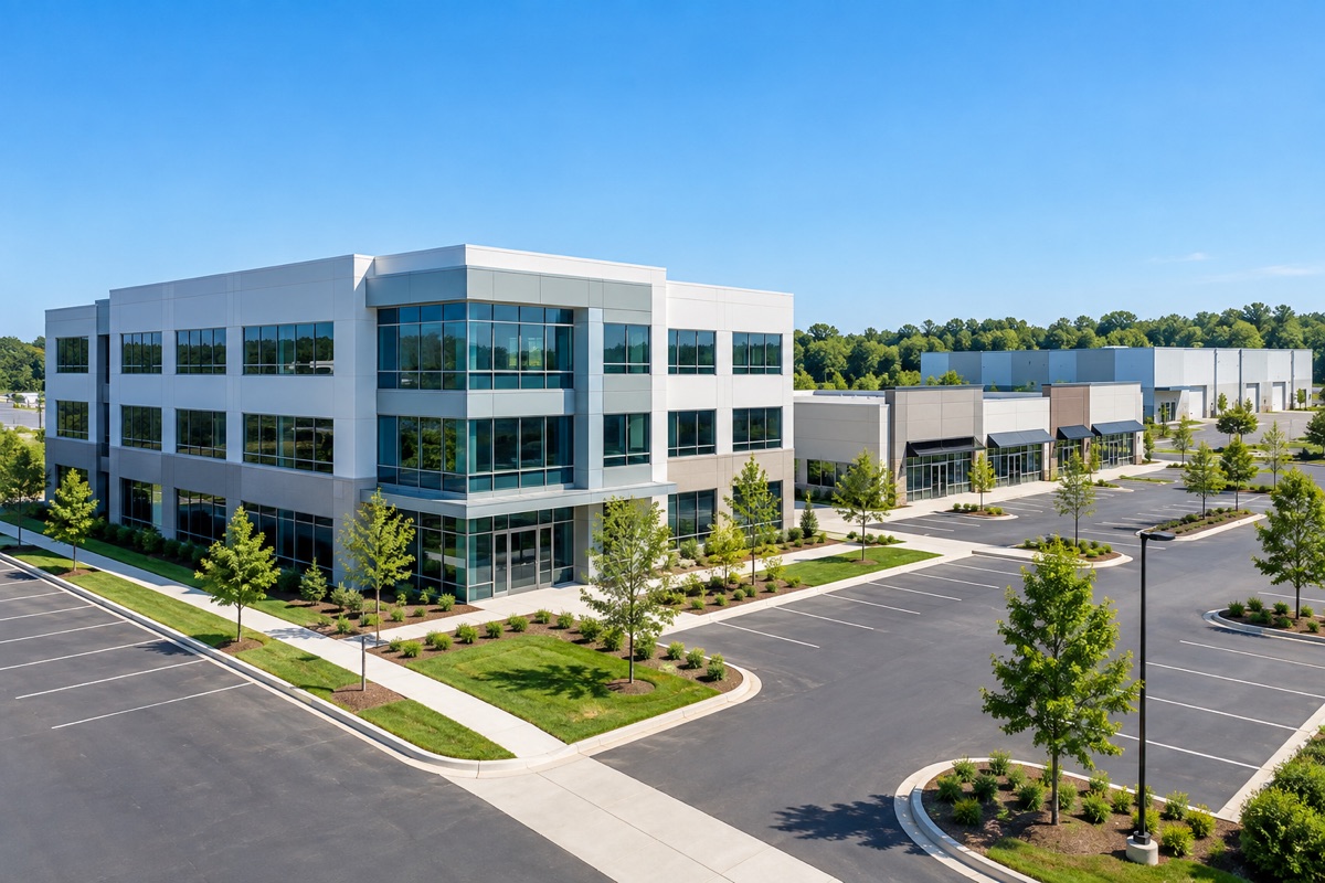 Modern office building on a landscaped campus