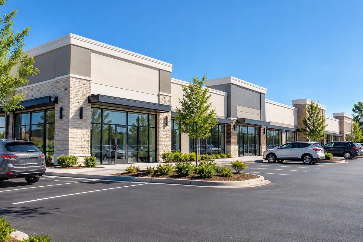 Modern single-story retail building with glass storefronts